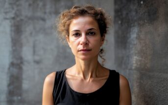 A woman with curly hair, wearing a black sleeveless top, stands against a textured gray wall, looking directly at the camera with a neutral expression.