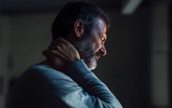 A man with gray hair and a beard holds the back of his neck with one hand and closes his eyes, appearing to be in pain or discomfort, in a dimly lit room.