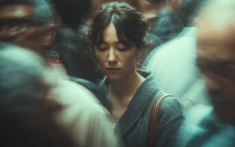 A woman with dark hair and a gray coat stands still with her eyes downcast, surrounded by a blurred, bustling crowd. She appears thoughtful or sad amidst the motion around her.