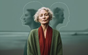 An older woman with curly gray hair stands calmly at the beach, wearing a green sweater and red scarf. Behind her, faint reflections and white outlines of faces suggest reflection or contemplation.