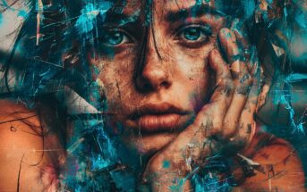 A close-up of a person's face with expressive eyes, resting their chin on their hand, overlaid with vibrant abstract blue and orange paint splatters and textures, creating a mixed-media artistic effect.
