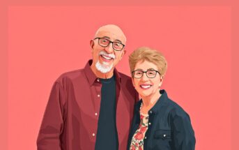 Digital illustration of an older man and woman standing close together, both smiling and wearing glasses, in front of a pink background. The man has a white beard and wears a red shirt; the woman has short hair and a floral blouse.
