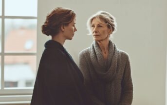 An older woman and a younger woman stand indoors, facing each other near a large window. The older woman looks serious, while the younger woman appears contemplative. Both wear neutral-colored clothing.