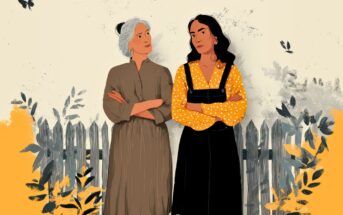 An illustration of two women standing with arms crossed by a wooden fence. One has gray hair and wears a brown dress; the other has long dark hair and wears a yellow polka-dot blouse under a black dress. Leaves and birds surround them.