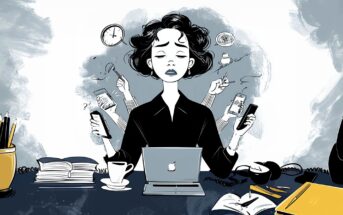 A stressed woman sits at a cluttered desk with multiple arms holding phones, papers, and coffee. She looks overwhelmed, surrounded by books, clocks, and a laptop, symbolizing multitasking and work pressure.