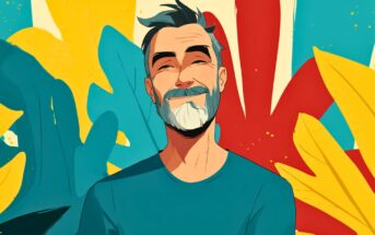 A smiling older man with gray hair and a beard wears a teal shirt. Abstract, colorful shapes in yellow, red, and blue form a vibrant background behind him.
