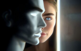 A woman with blue eyes and bold eyebrows looks through a narrow gap beside a white mannequin face, illuminated by a vertical strip of light. Only half of her face is visible behind the mannequin's profile.