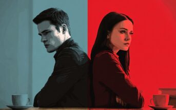 An illustration of a man and woman sitting back to back at a table, each facing opposite directions. The left side is tinted blue with the man, and the right side is red with the woman. Both appear serious and distant.