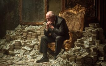 An older man in a suit sits pensively on an ornate chair, surrounded by large piles of stacked U.S. hundred-dollar bills, in a dimly lit, opulent room.