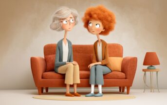 Two animated women sit on an orange sofa in a cozy room. One has short gray hair and glasses, the other has curly red hair. They face each other, looking concerned, with a lamp and a cushion nearby.