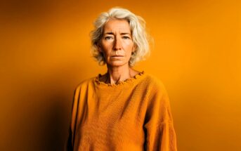 A serious older woman with short white hair wearing a loose, textured orange top stands against a solid orange background, creating a harmonious and warm color palette.