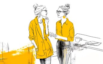 Illustration of two women with glasses and hair in buns, wearing yellow tops, standing and talking by a counter with a coffee cup and book, against a white background with yellow accents.
