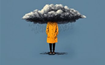 A person in a yellow raincoat stands with their head obscured by a dark, rainy cloud against a plain blue background, symbolizing a gloomy or sad mood.