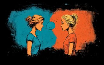 Two women face each other, one in blue on a blue background and the other in orange on an orange background, with a speech bubble between them, symbolizing communication or dialogue.