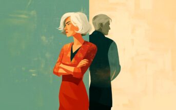 Illustration of a woman with short white hair and a red dress standing with arms crossed, looking away from a man in a dark suit who stands with his back to her. The background is split into green and beige halves.