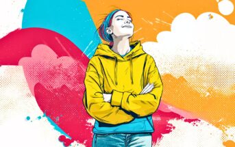 A colorful digital illustration of a smiling person in a yellow hoodie with arms crossed, standing confidently against a vibrant, abstract background of orange, blue, pink, and white shapes and splashes.