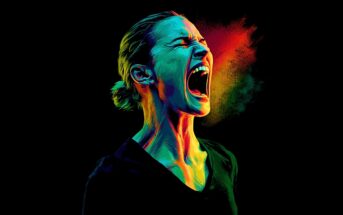 A vibrant digital illustration of a woman screaming, her face lit in bold blue, green, and yellow hues, with a burst of red and yellow colors emanating from her mouth against a black background.