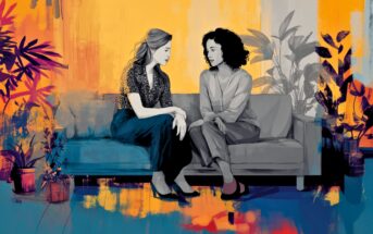 Two women sit closely on a sofa, engaged in a serious conversation. The background features colorful abstract art, potted plants, and soft lighting, blending warm yellow and cool blue tones.