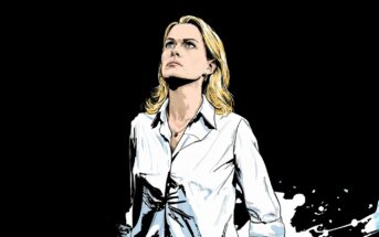 Illustrated image of a woman with blonde hair wearing a white shirt, looking upward with a serious expression against a solid black background with white splatters near the bottom.
