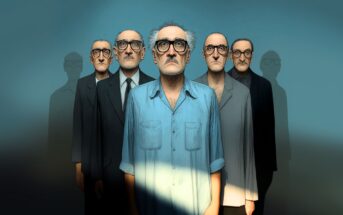 Five older men with similar facial features stand in a row, the man in front wearing a light blue shirt and the others in dark suits. A beam of light highlights the man at the front, casting shadows behind them.