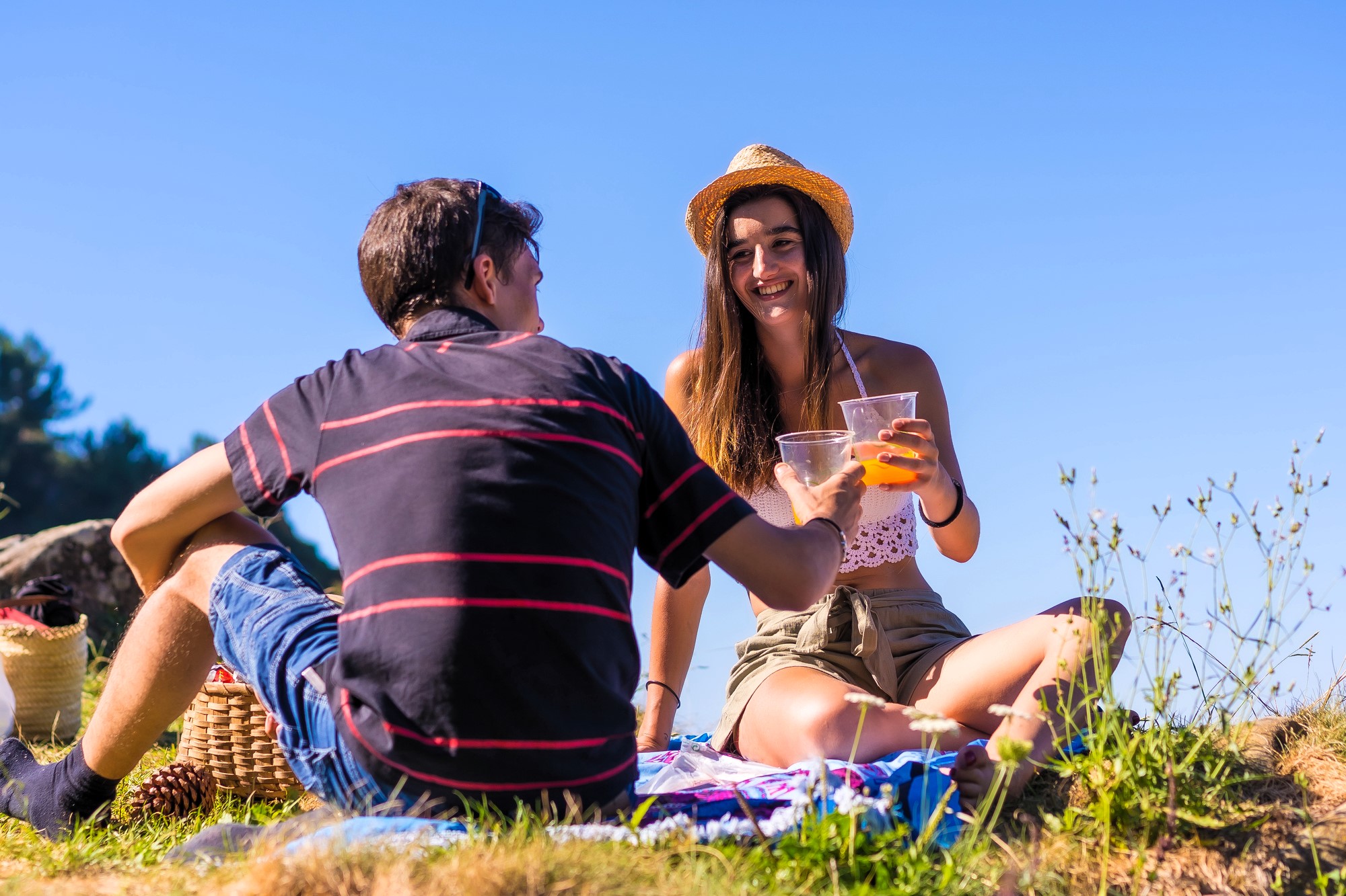 A man and a woman sitting on a blanket outdoors, toasting with plastic cups. The woman is wearing a straw hat and a white top, smiling under a clear blue sky. They are surrounded by grass and small plants, with a picnic basket nearby.