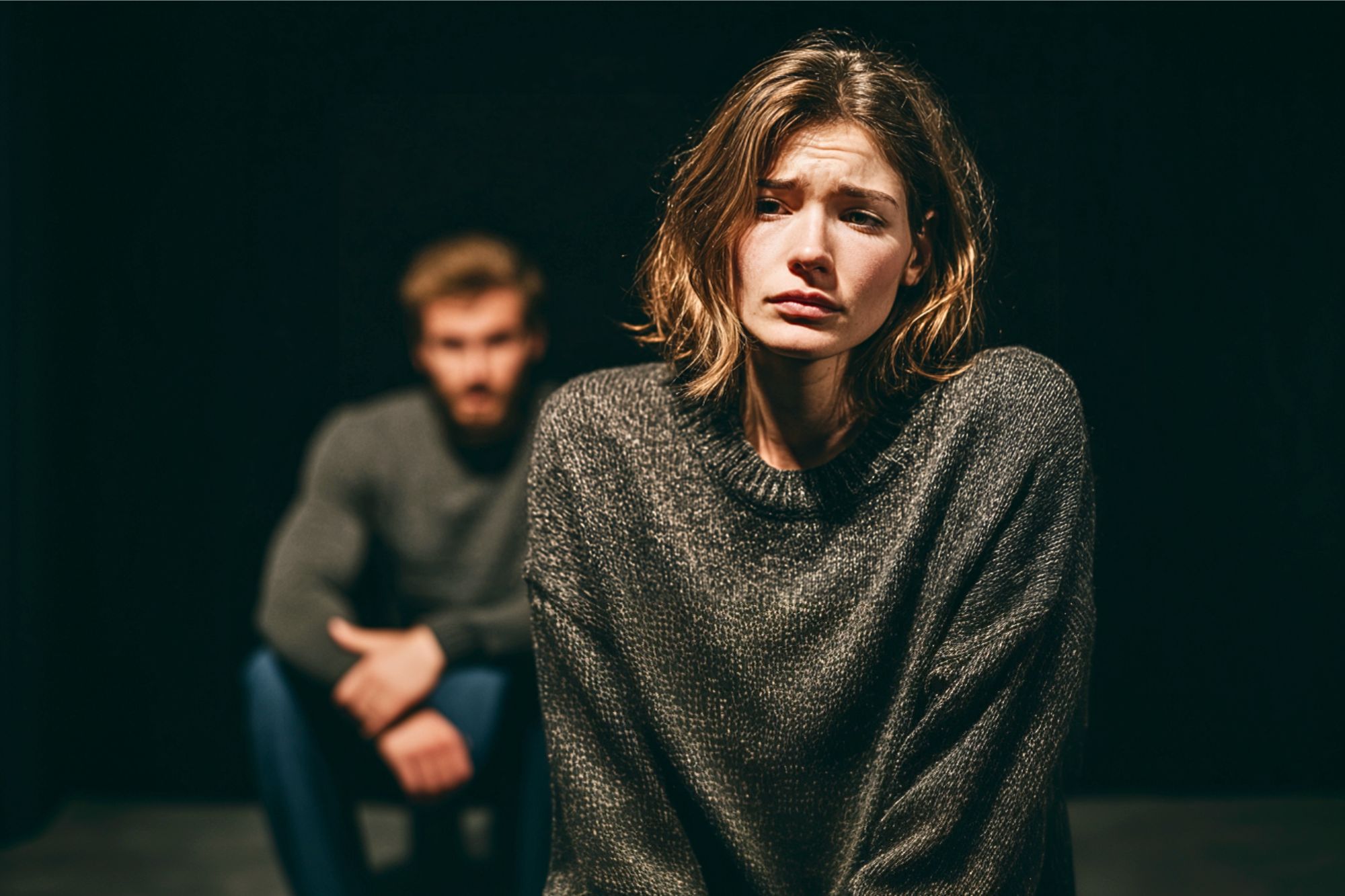 A woman with a sad, distressed expression sits in the foreground, while a man sits in the background, out of focus. Both wear sweaters and are in a dimly lit setting, suggesting a tense or emotional moment.