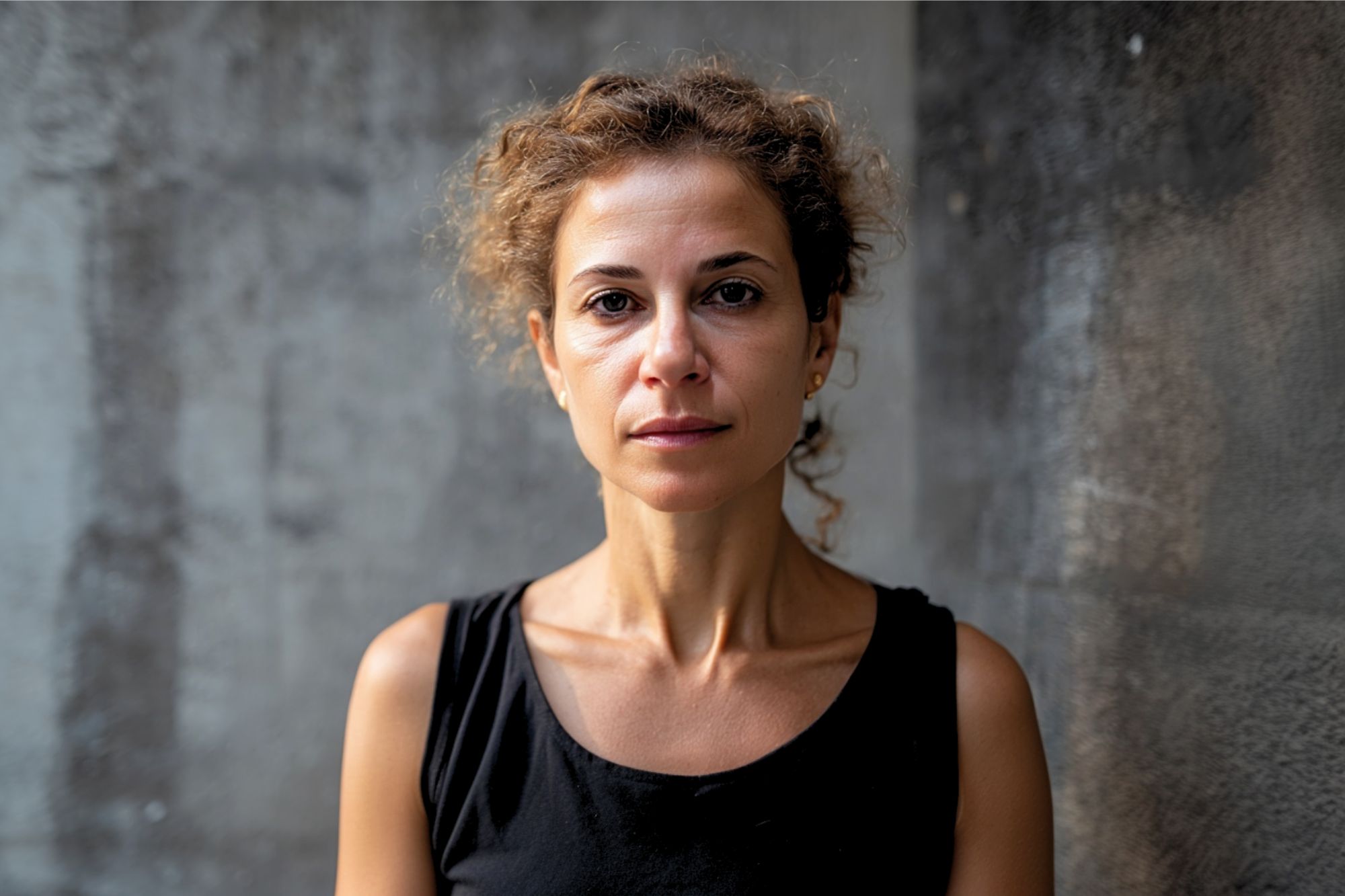 A woman with curly hair, wearing a black sleeveless top, stands against a textured gray wall, looking directly at the camera with a neutral expression.