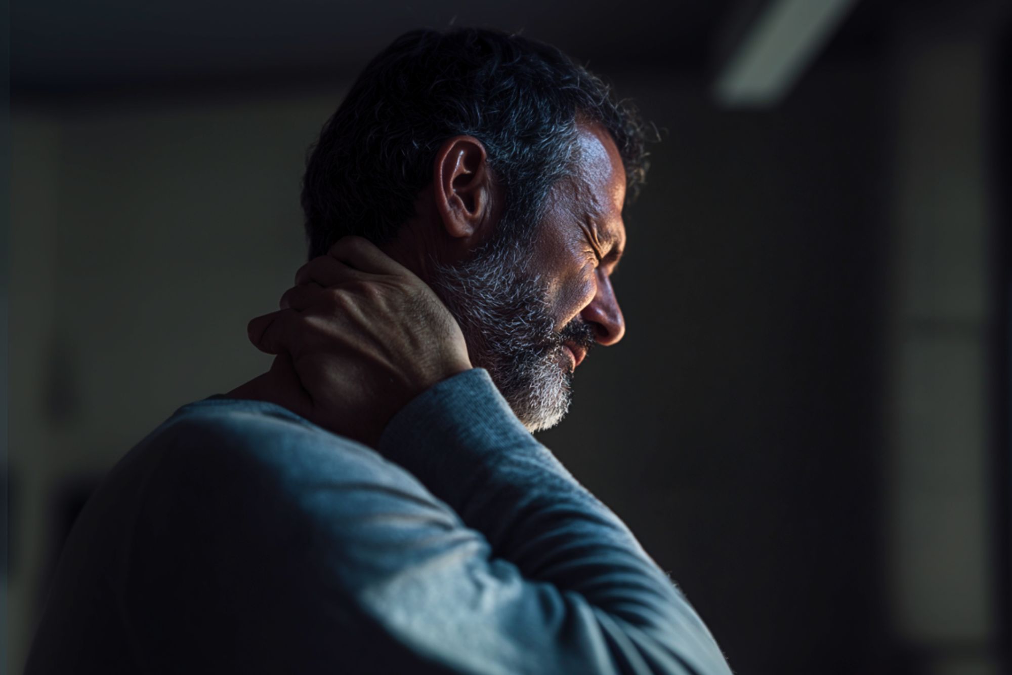 A man with gray hair and a beard holds the back of his neck with one hand and closes his eyes, appearing to be in pain or discomfort, in a dimly lit room.