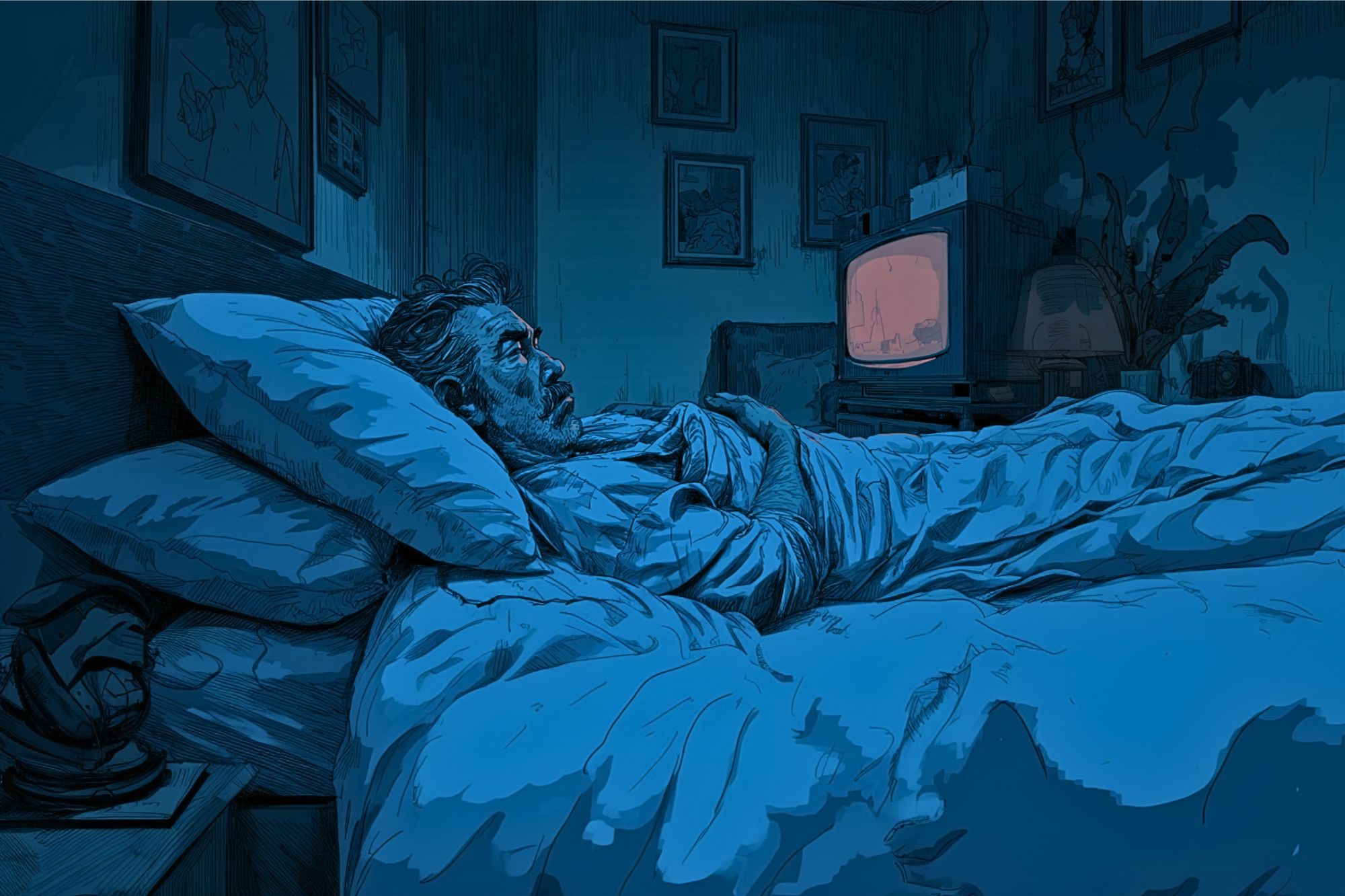A man lies awake in bed at night, illuminated by the blue glow of a bedside lamp. He looks anxious as he stares at a small TV across the room displaying static. The room is cluttered with framed pictures on the walls.