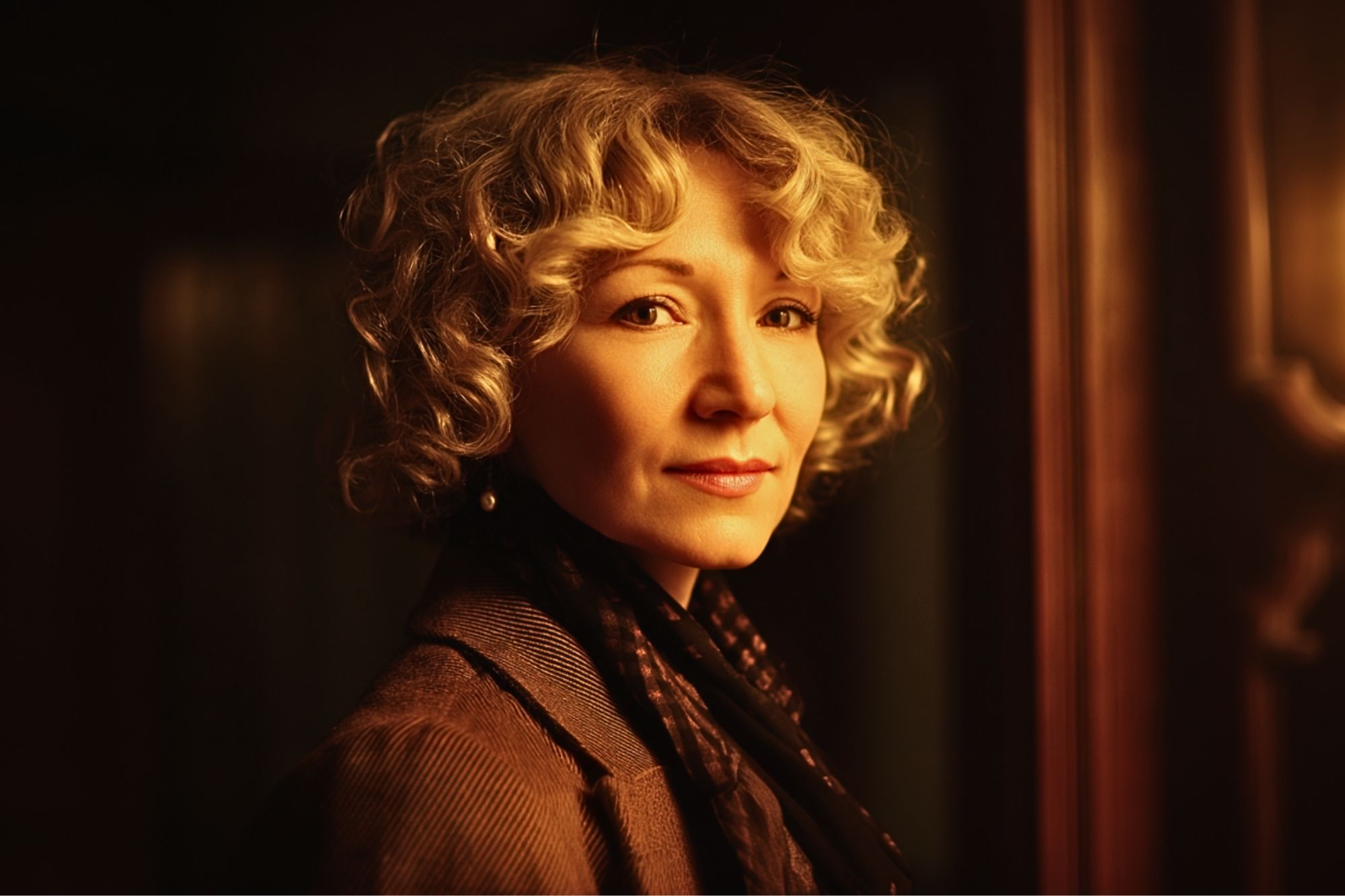 A woman with short curly blonde hair and light skin stands indoors, gazing gently at the camera. She wears a brown jacket and scarf, with warm lighting highlighting her face against a dark background.