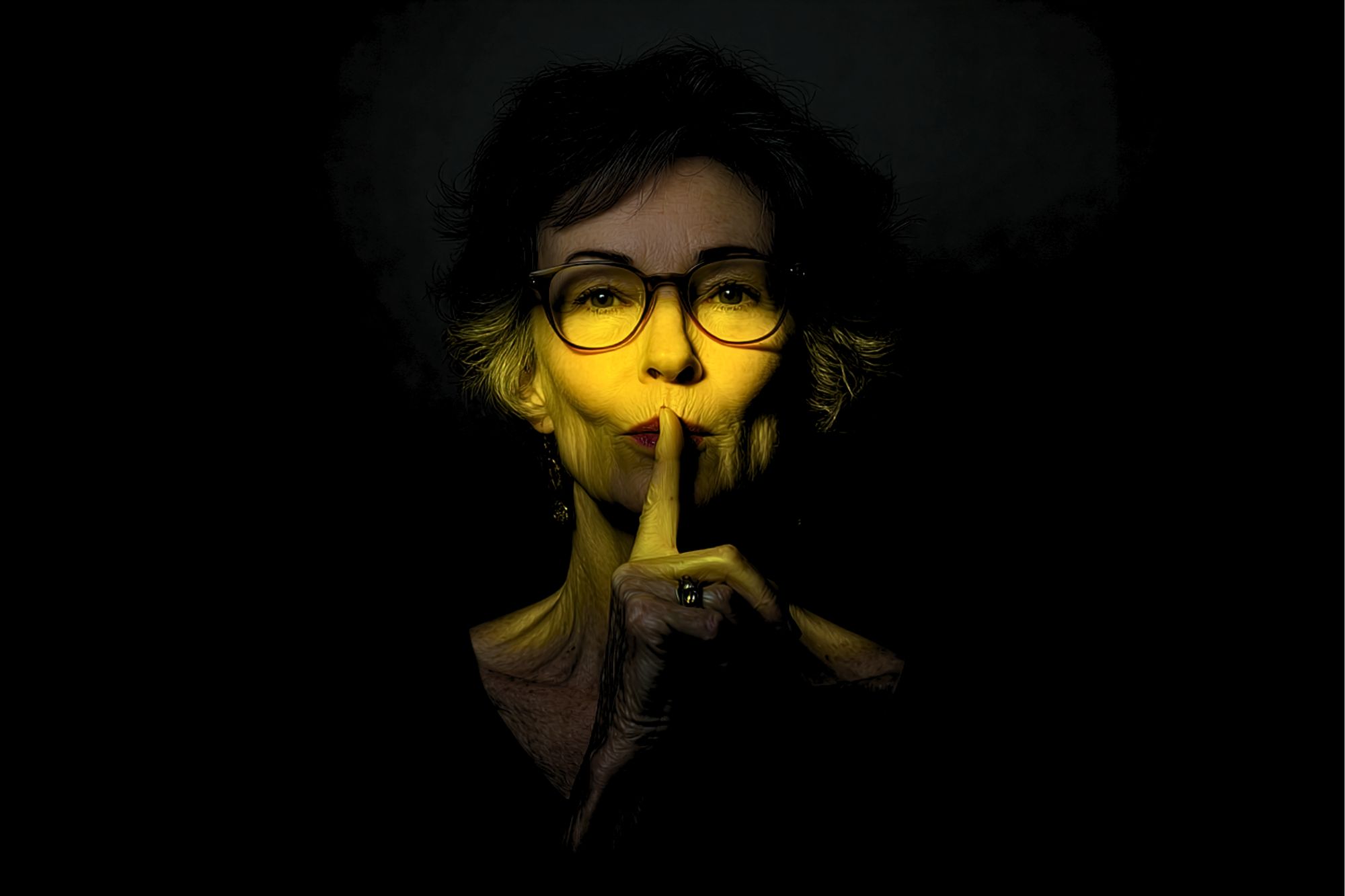 An older woman with glasses holds a finger to her lips in a “shush” gesture, with her face dramatically lit by a yellow spotlight against a dark background.