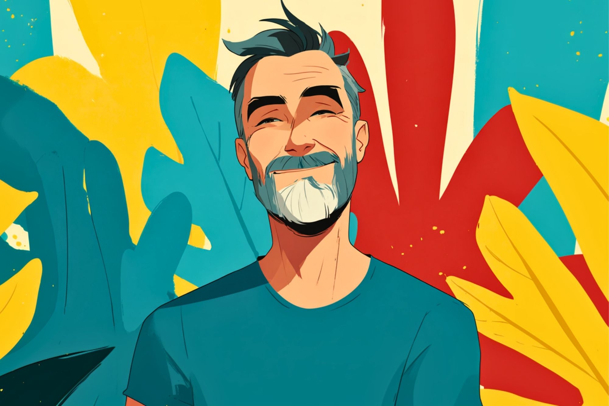 A smiling older man with gray hair and a beard wears a teal shirt. Abstract, colorful shapes in yellow, red, and blue form a vibrant background behind him.