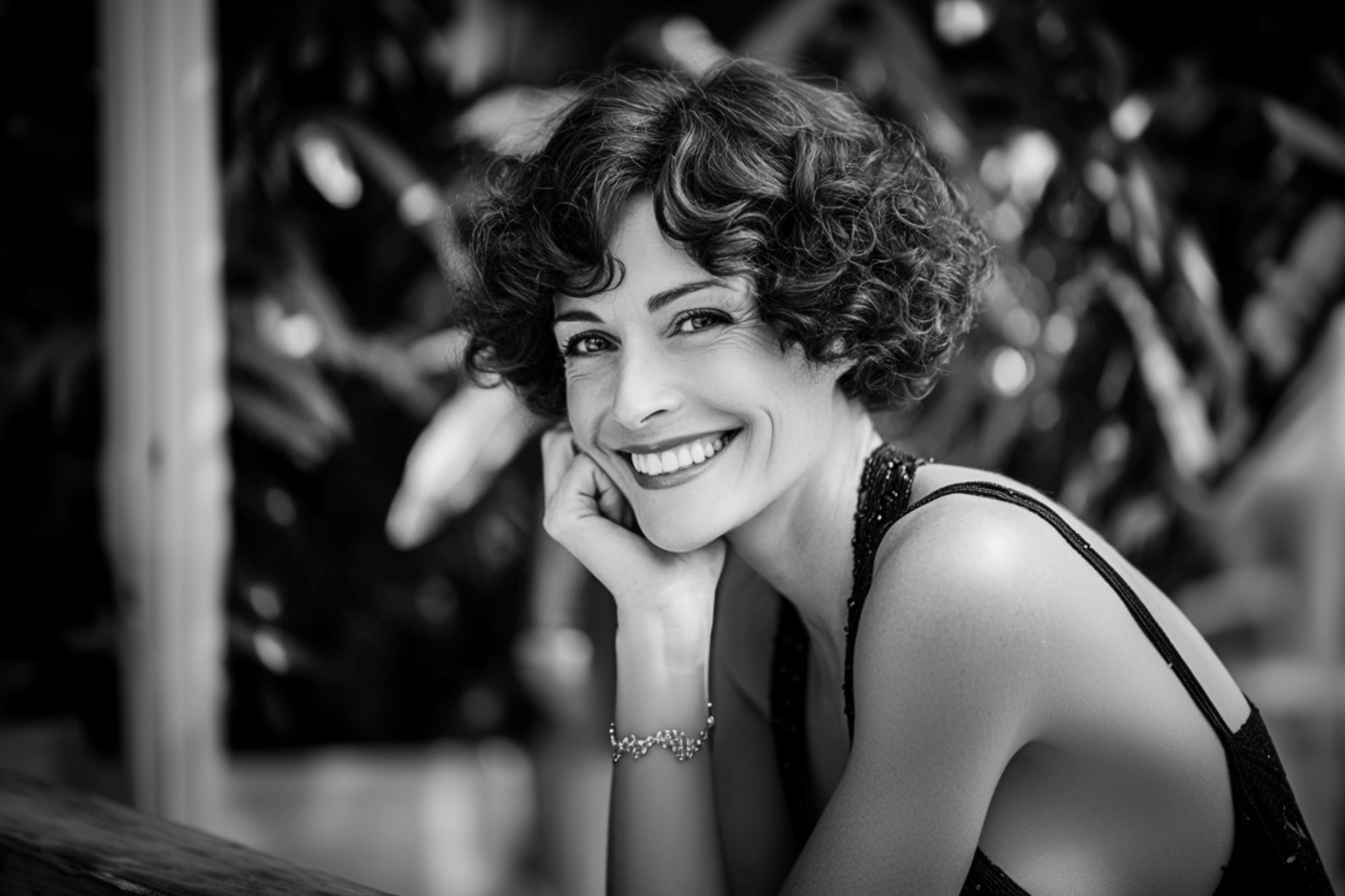 A woman with short curly hair smiles warmly at the camera, resting her chin on her hand. She is wearing a sleeveless top and a bracelet. The image is black and white with a blurred leafy background.