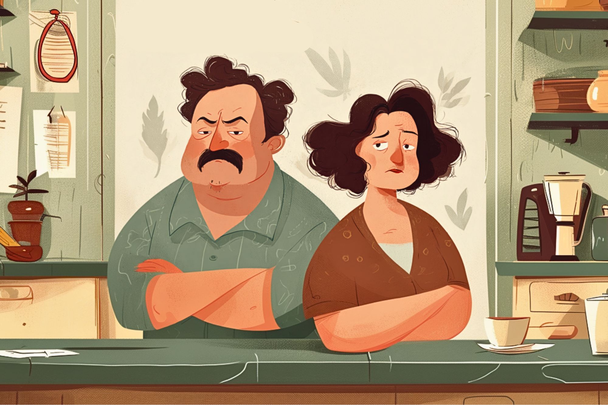 An illustration of a man and woman with serious, upset expressions, standing side by side in a kitchen with their arms crossed. The background features kitchen shelves, plants, a coffee maker, and cups on the counter.