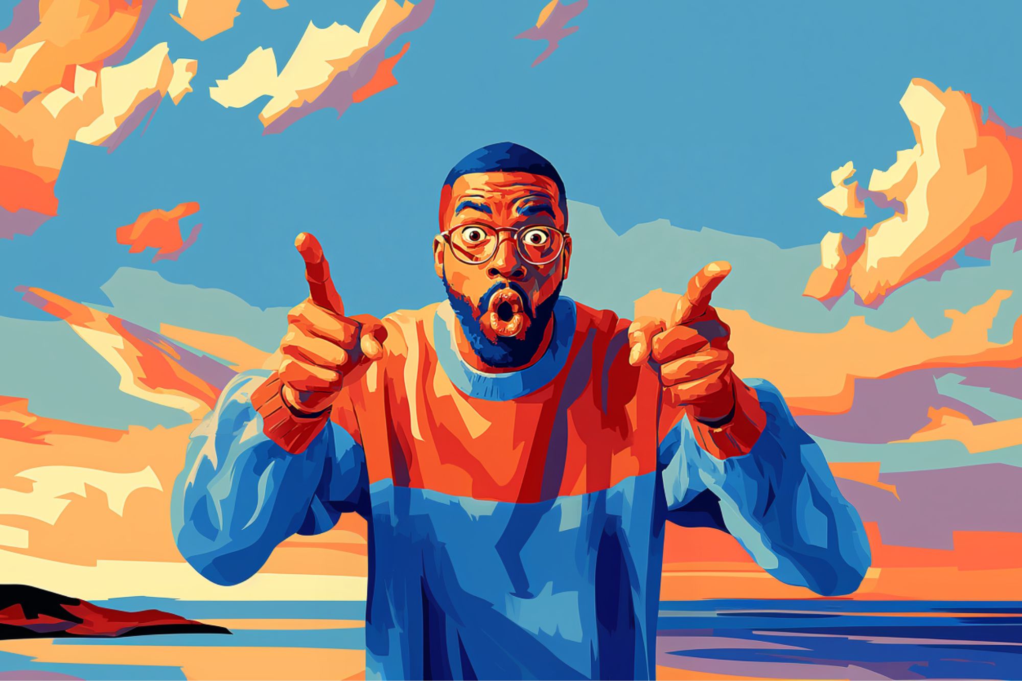 A colorful digital painting of a surprised man with glasses and a beard, wearing a blue and orange sweater, pointing both fingers forward against a vibrant sunset sky with clouds over the ocean.