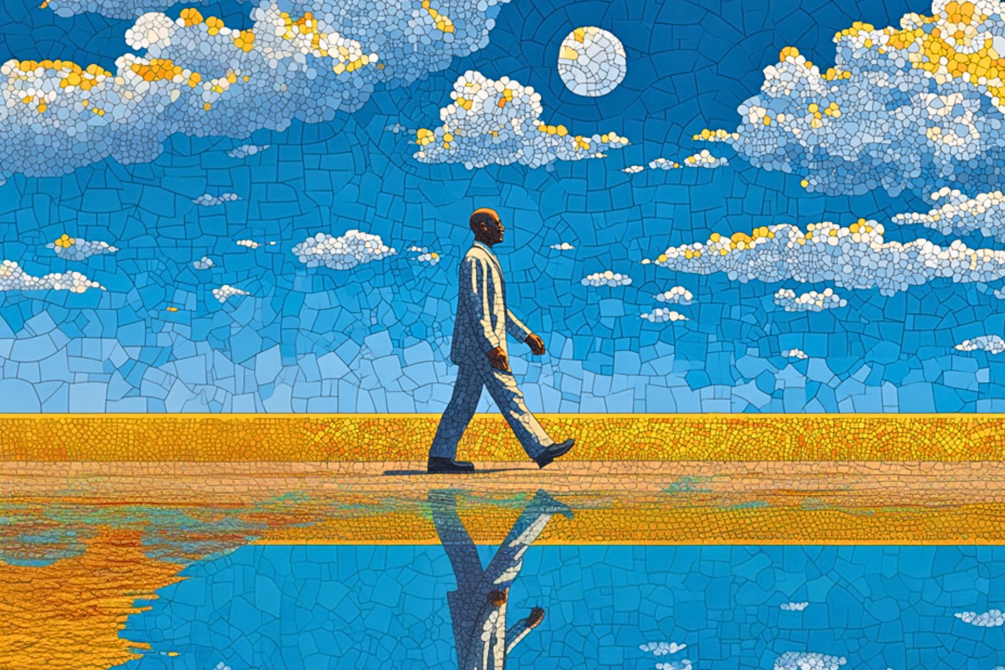 A man walks along a bright, golden path under a blue sky with clouds, depicted in a mosaic art style. His reflection is visible in a pool of water below. The scene is vibrant and surreal.