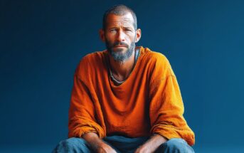 A man with short hair and a beard, wearing an orange long-sleeve shirt and gray pants, sits against a solid blue background, looking thoughtfully at the camera.