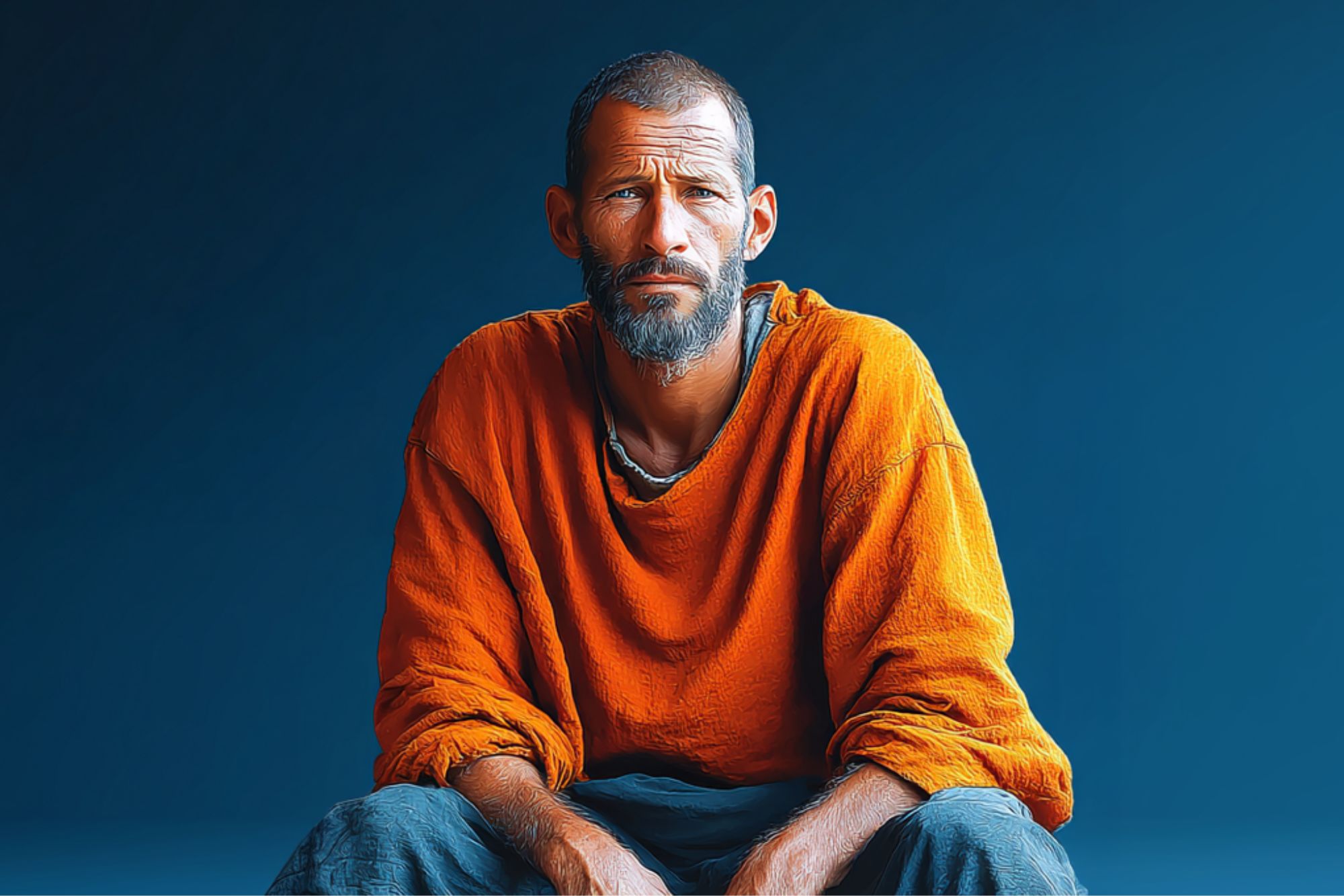 A man with short hair and a beard, wearing an orange long-sleeve shirt and gray pants, sits against a solid blue background, looking thoughtfully at the camera.