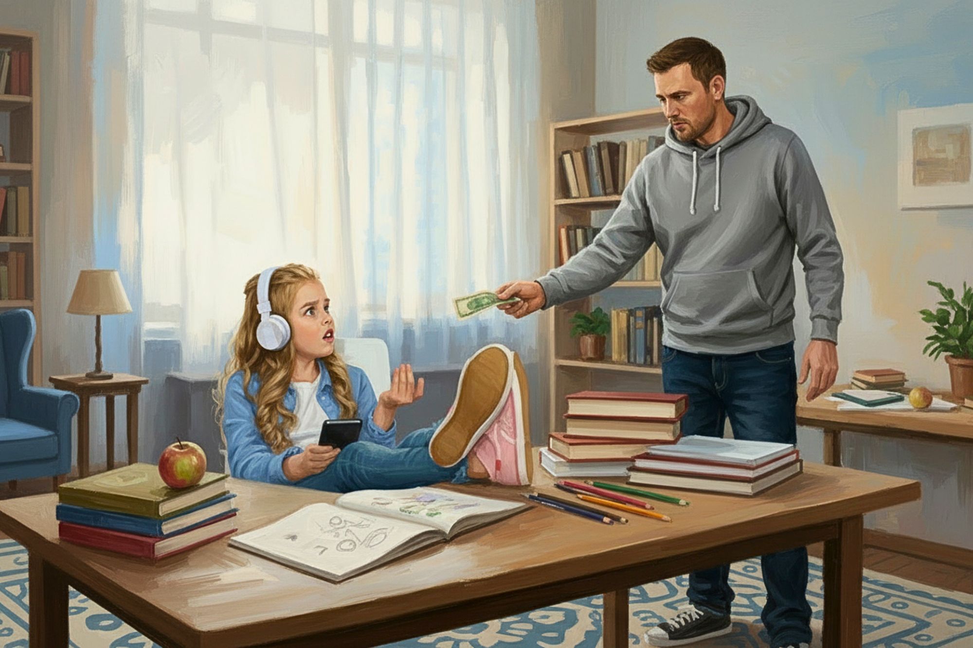 A teenage girl with headphones and a phone sits at a cluttered desk, looking surprised as a man in a hoodie hands her money. The room contains bookshelves, a window, and various study materials on the desk.