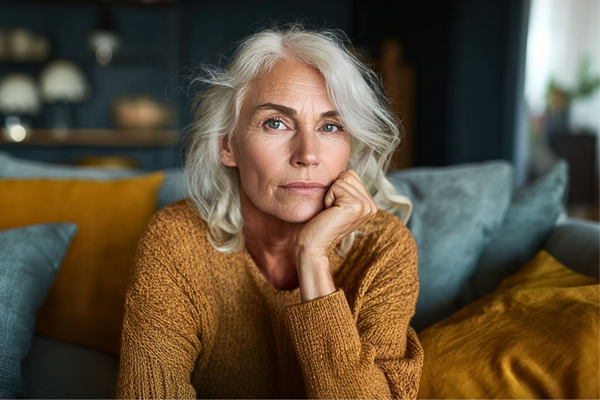 An older woman with gray hair and a thoughtful expression sits on a couch, resting her chin on her hand. She wears a textured brown sweater, and colorful cushions are in the background.