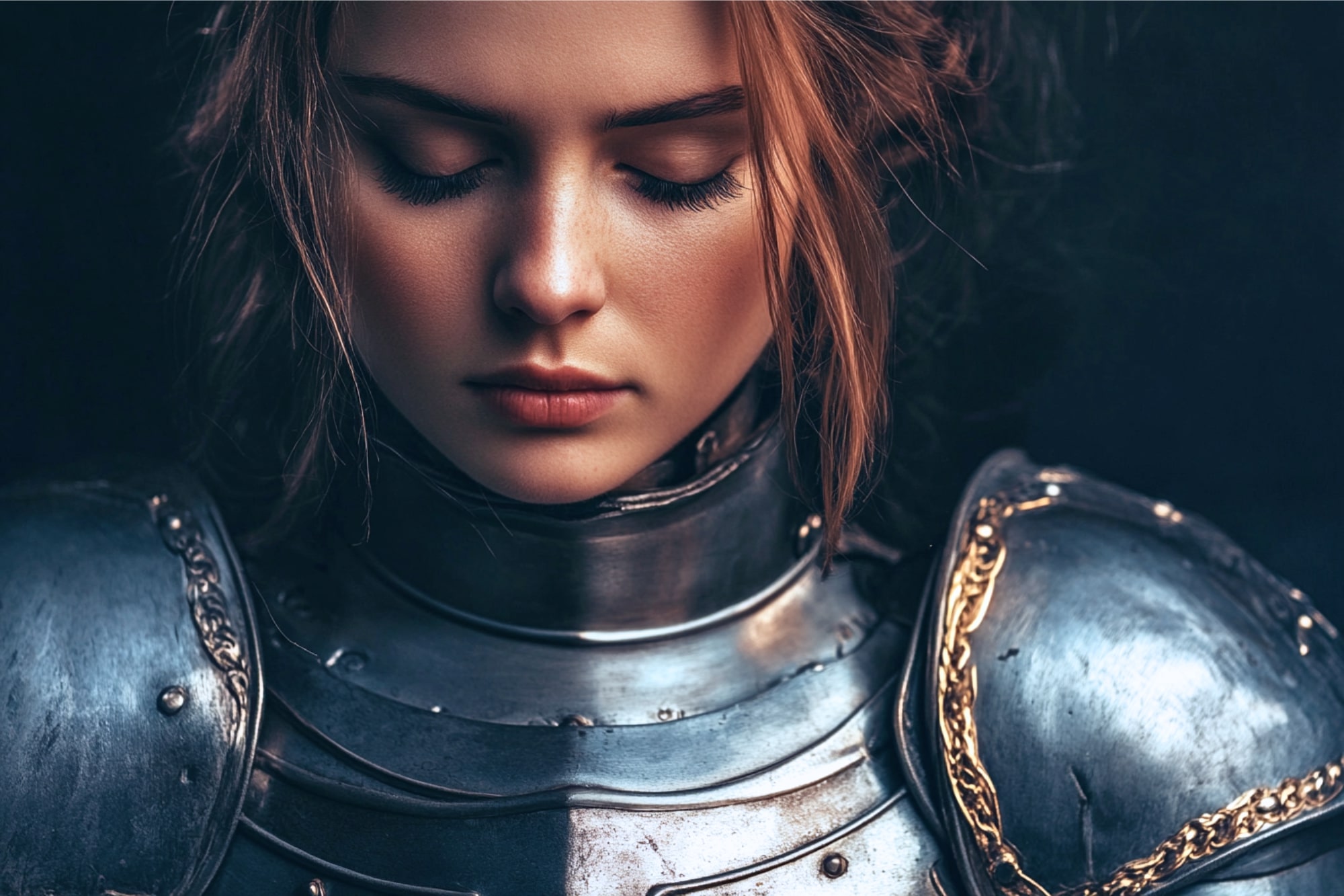 A young woman with closed eyes, wearing ornate silver armor with gold accents, looks serene and contemplative against a dark background. Her reddish-brown hair frames her face.