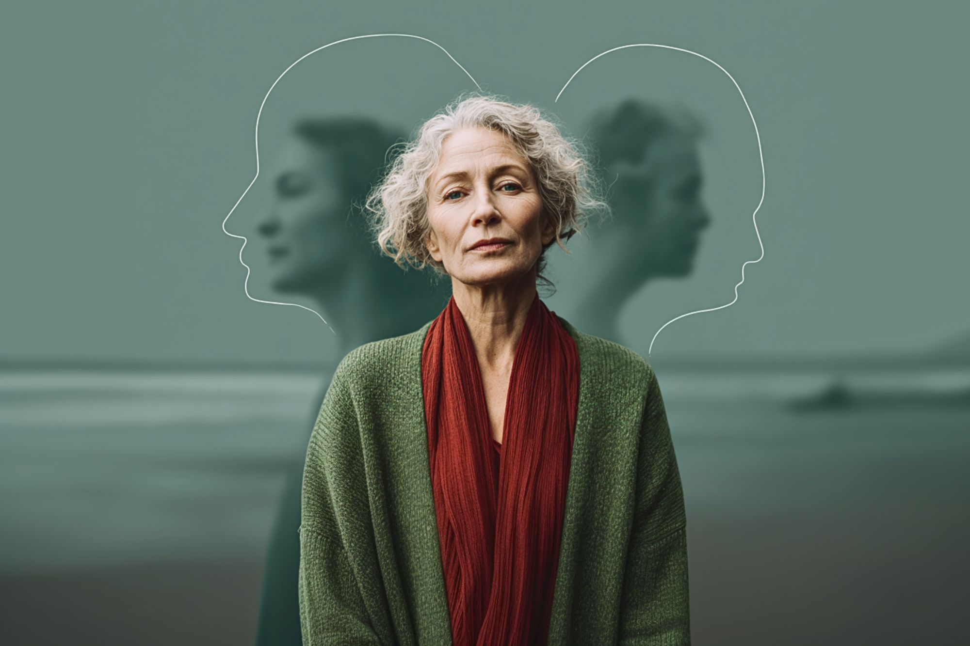 An older woman with curly gray hair stands calmly at the beach, wearing a green sweater and red scarf. Behind her, faint reflections and white outlines of faces suggest reflection or contemplation.