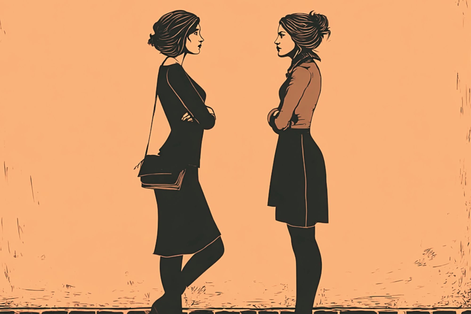 Two women stand facing each other, both with arms crossed, against a plain peach-colored background. They appear to be engaged in a serious conversation.
