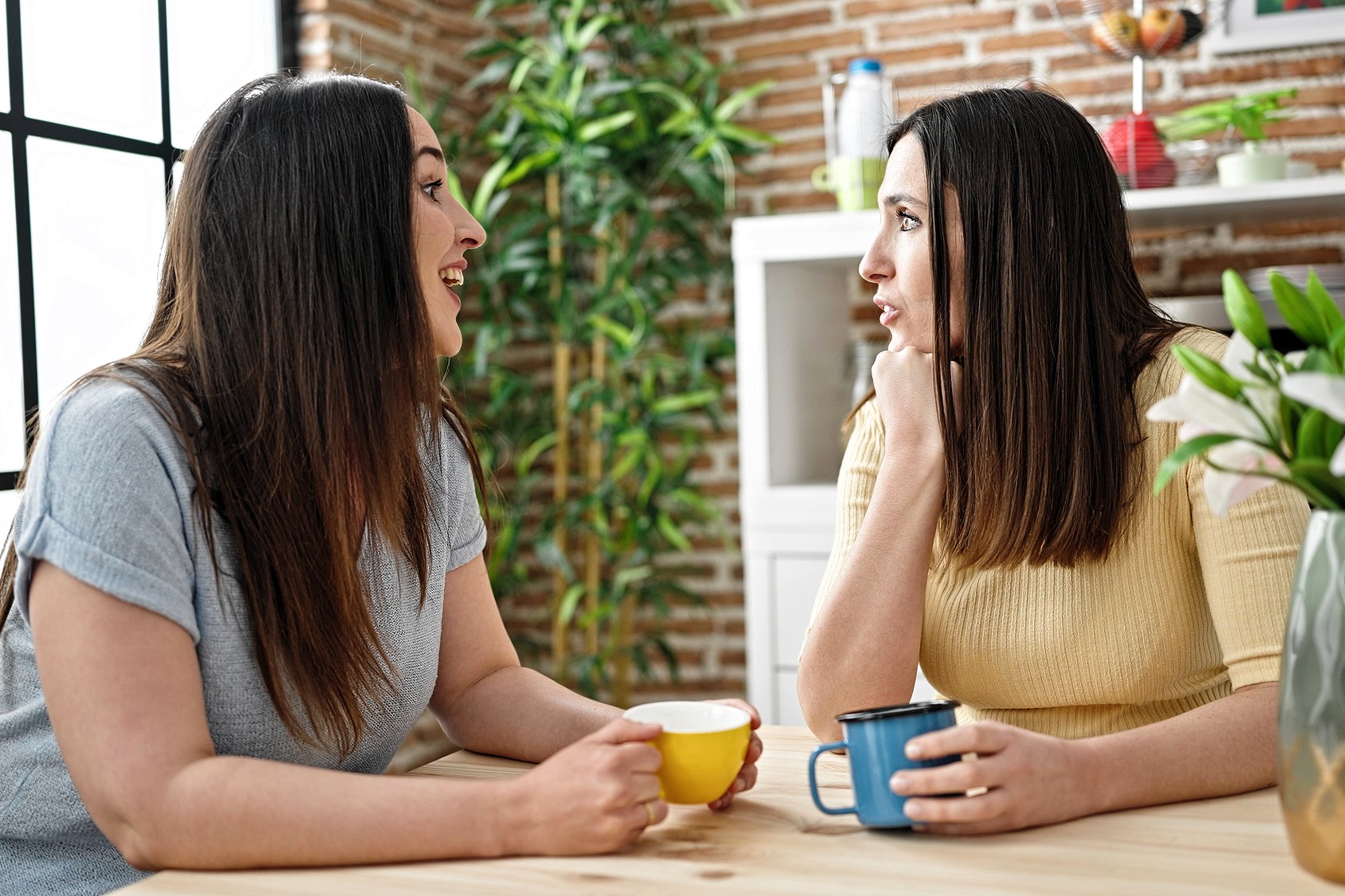 Two women sit at a table indoors, holding mugs and having an animated conversation. One woman wears a light blue top, the other a yellow one. There are plants and shelves with decor in the background.