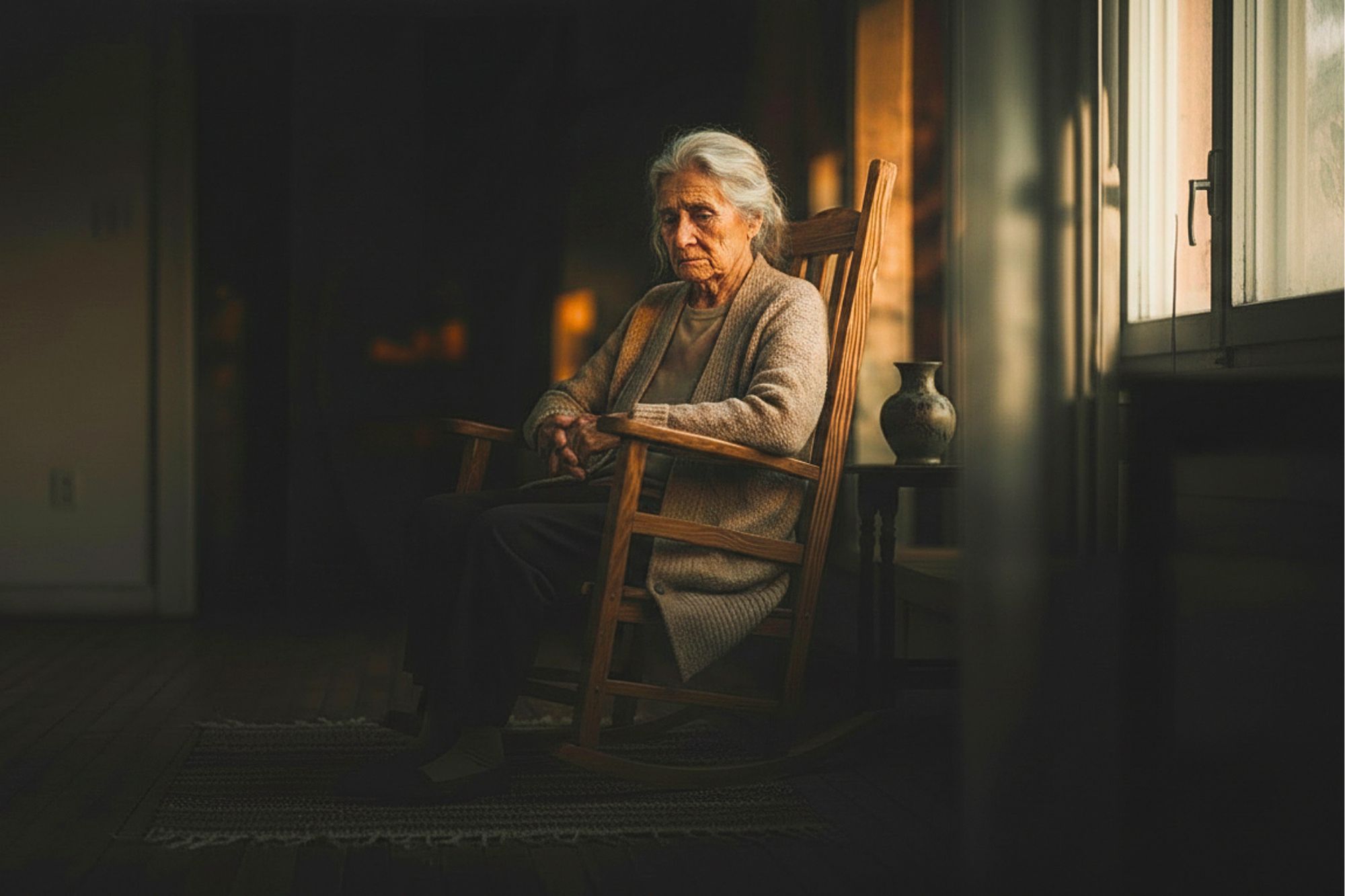 An elderly woman with gray hair sits thoughtfully in a wooden rocking chair by a window, soft light illuminating her face. She wears a beige sweater, and the room around her appears dim and calm.