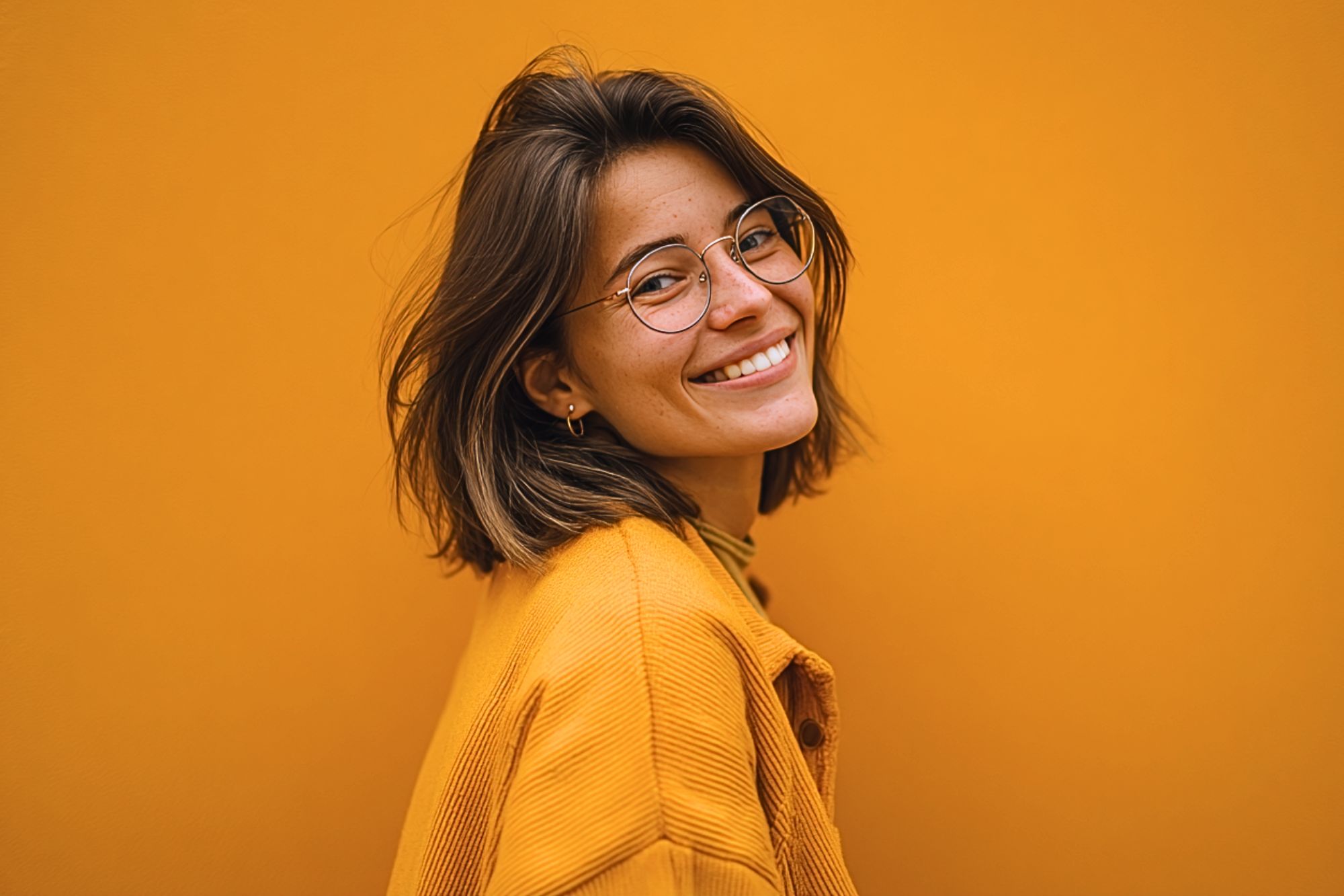 A young woman with shoulder-length brown hair, wearing round glasses and a yellow jacket, smiles while standing in front of a solid orange background.
