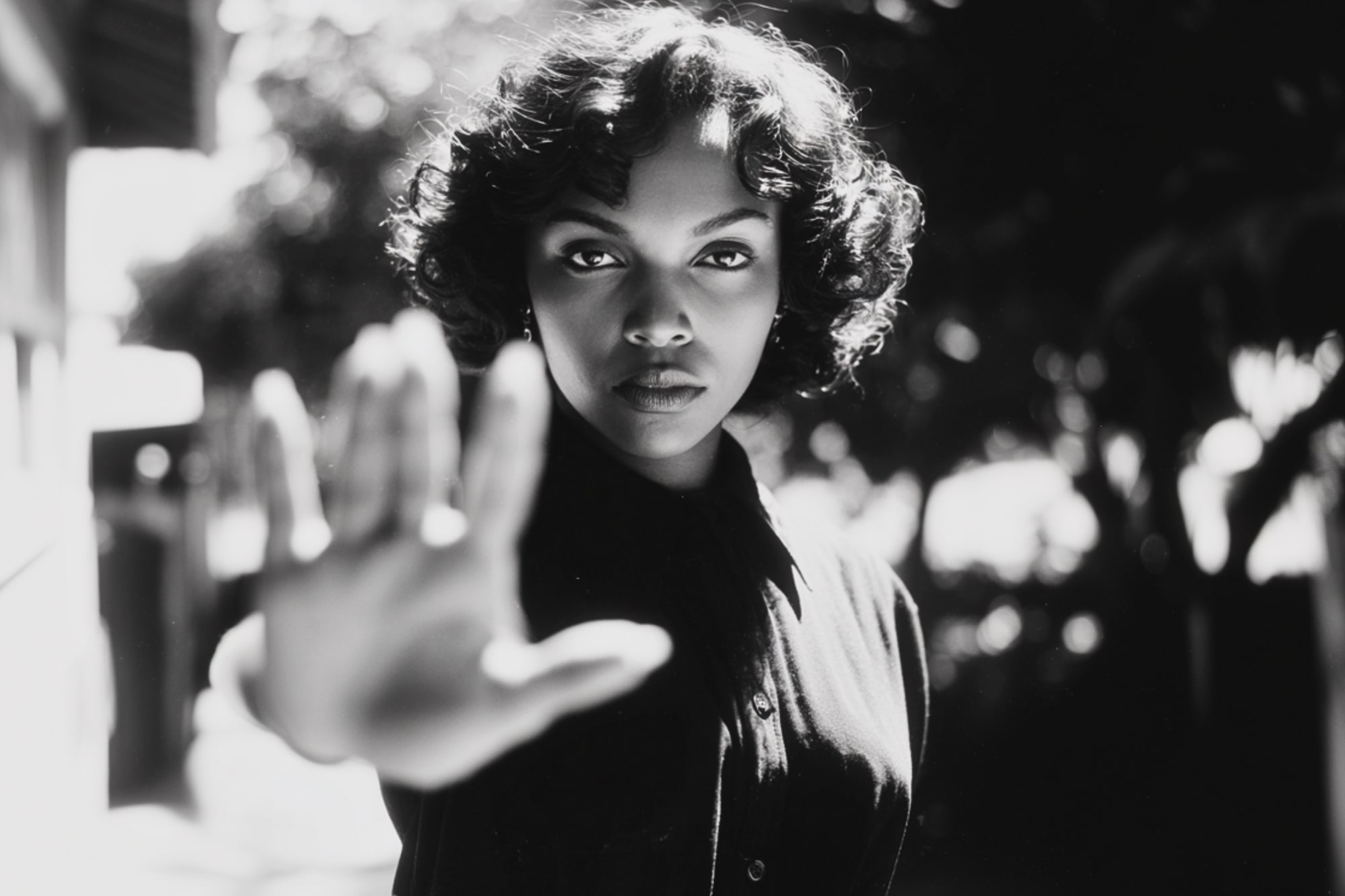 A woman with curly hair stands outdoors, looking seriously at the camera with her hand raised toward the lens, palm open as if signaling "stop." The image is in black and white.