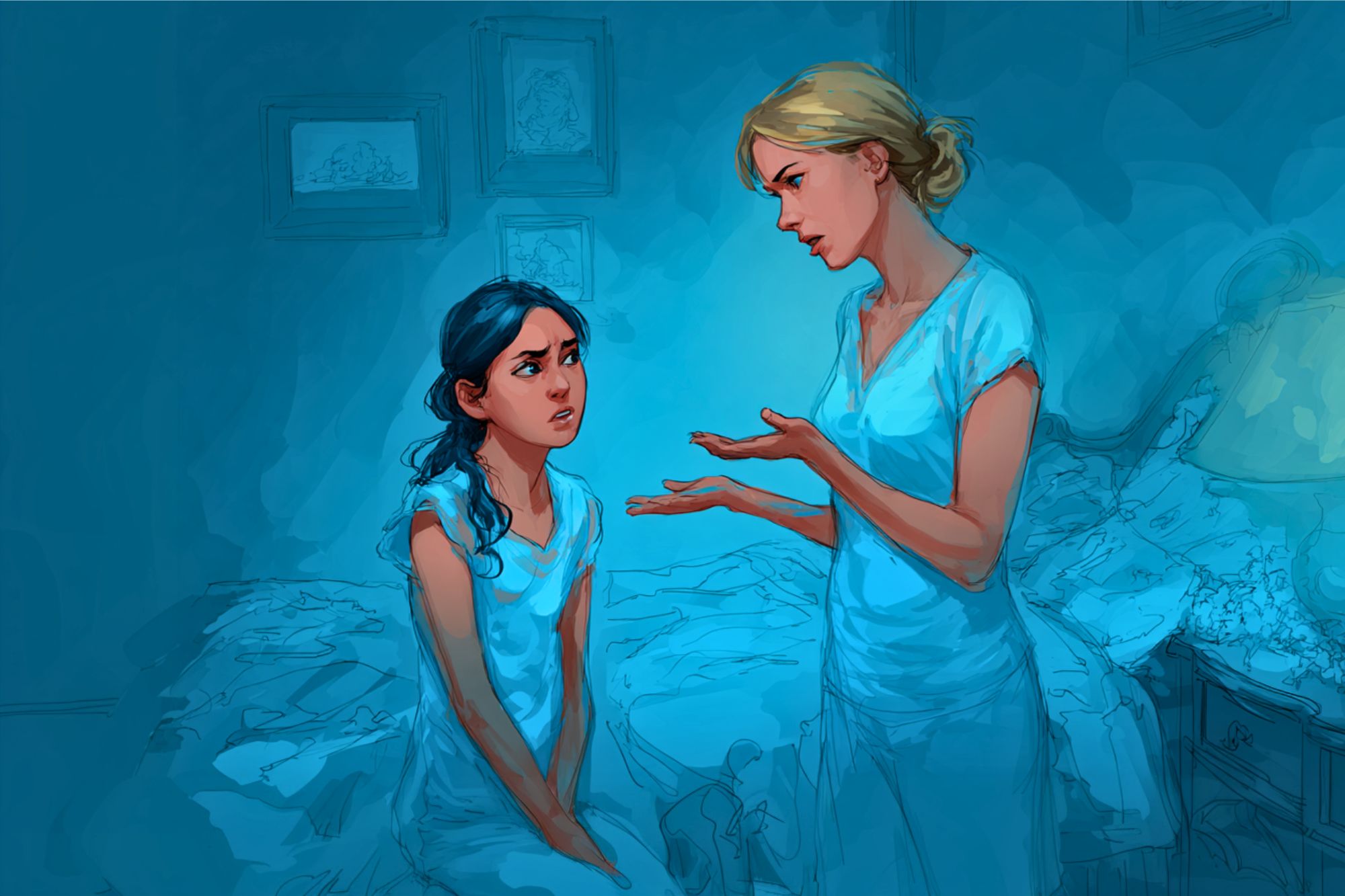 Two women in pajamas have a serious conversation in a dimly lit, blue-toned bedroom. One sits on the bed looking upset, while the other stands, gesturing as she speaks. The room appears cluttered and tense.