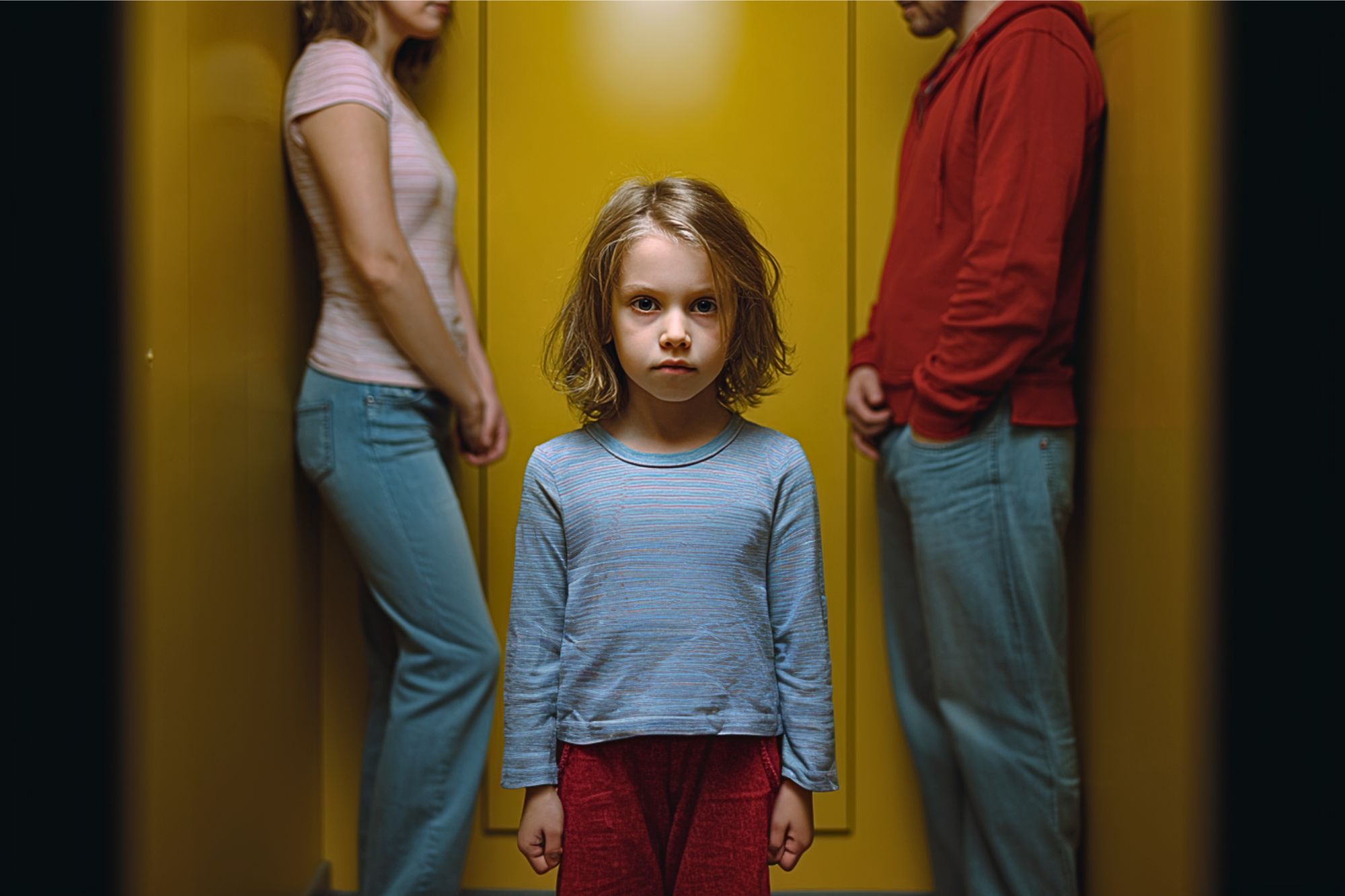A young girl stands in the foreground looking serious, while two adults, a woman and a man, face away from each other in the background. The scene is set in a yellow hallway, conveying a tense atmosphere.