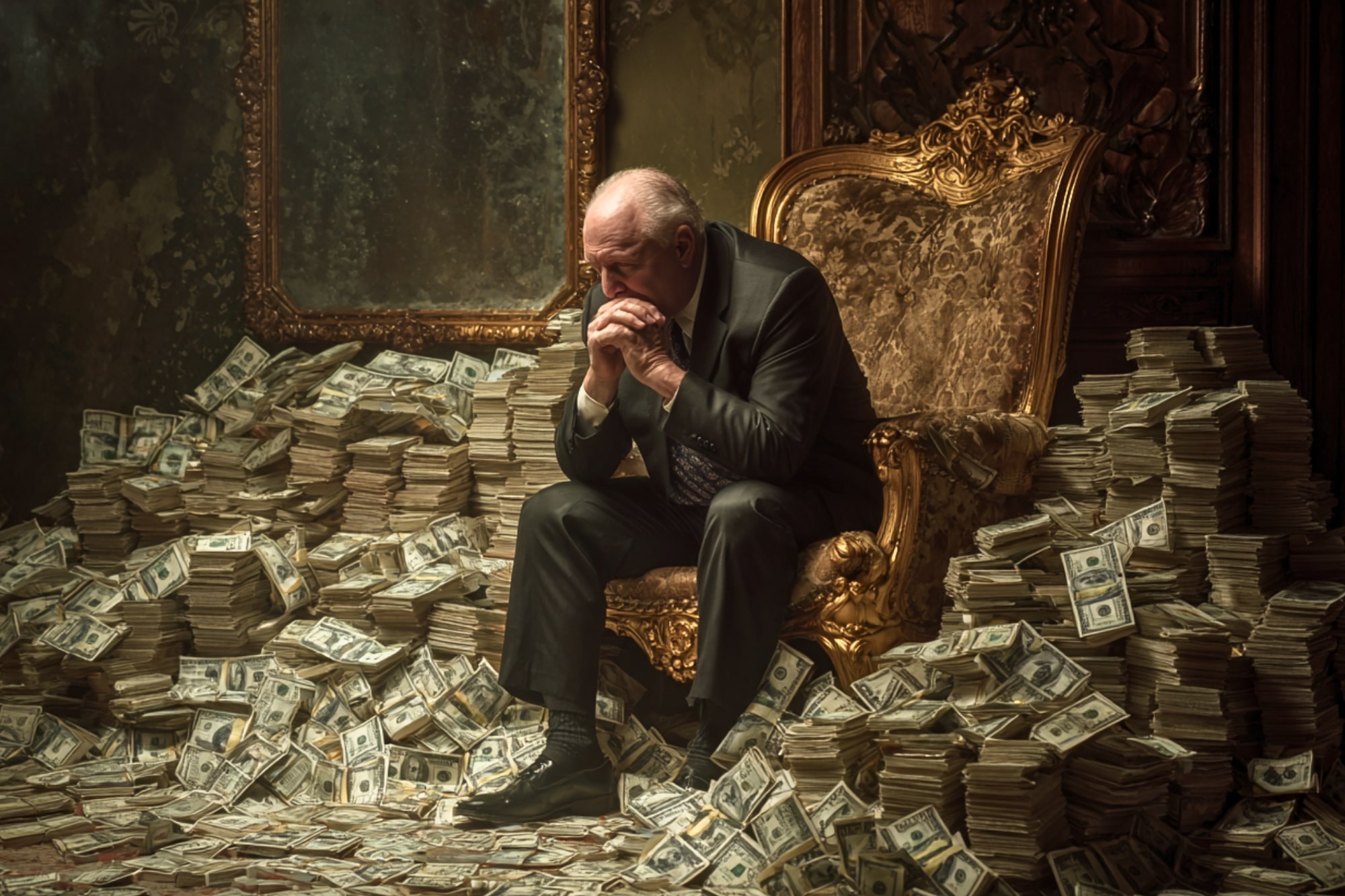 An older man in a suit sits pensively on an ornate chair, surrounded by large piles of stacked U.S. hundred-dollar bills, in a dimly lit, opulent room.